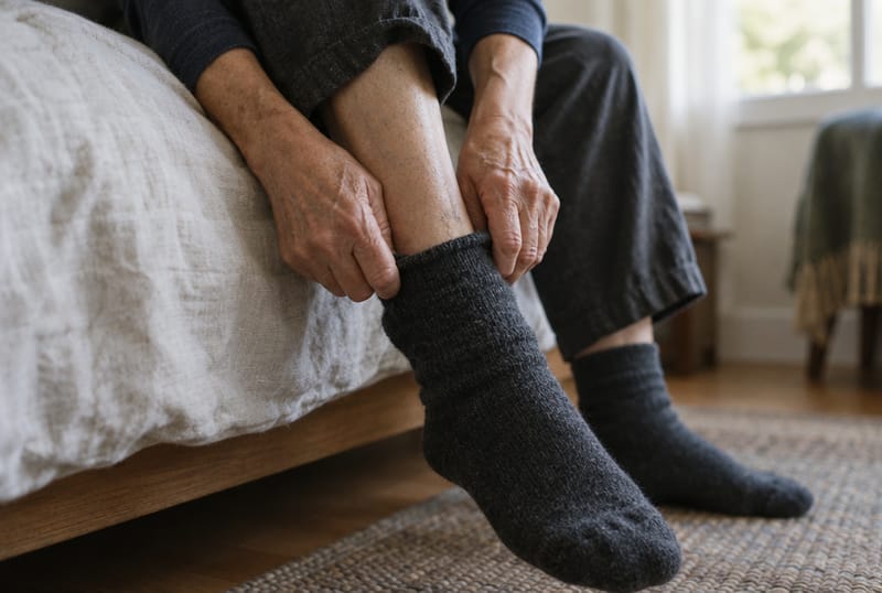 Hände ziehen eine Wollsocke an, morgens auf der Bettkante